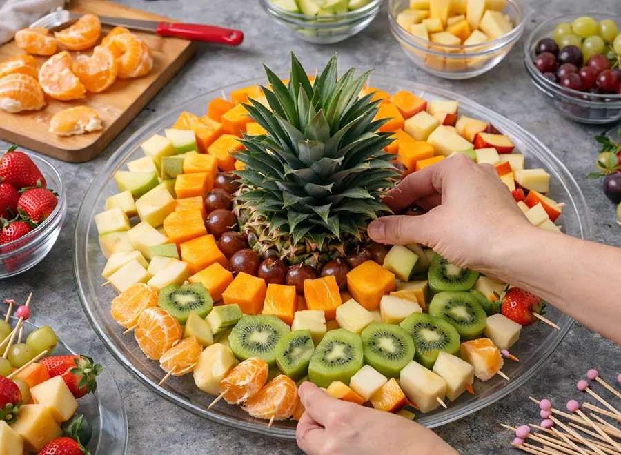 Foto 2 Corona de fruta fresca con brochetas dulces