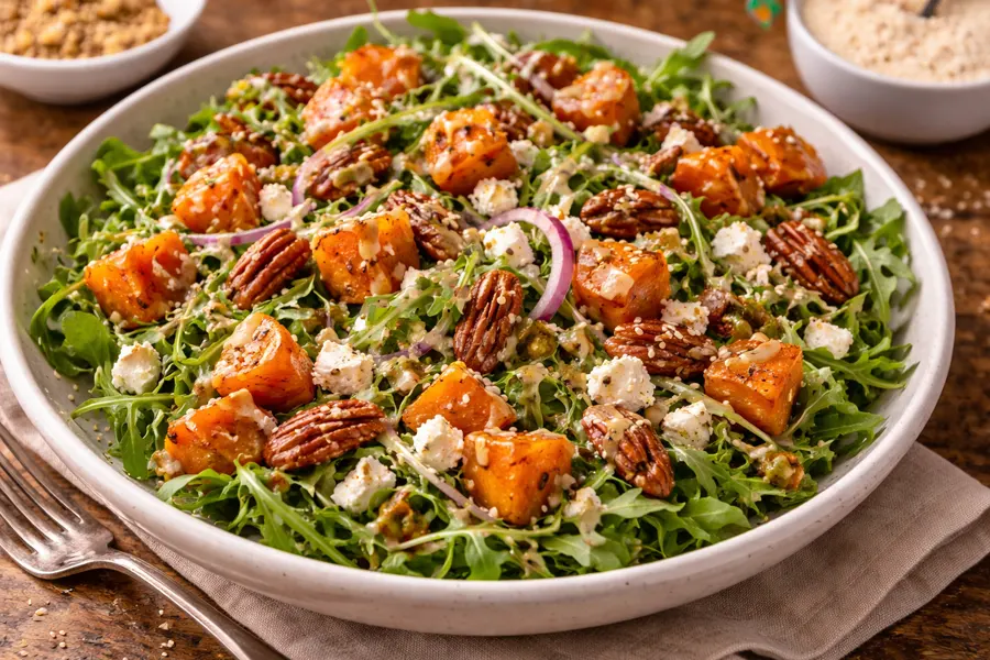 Receta Ensalada templada de rúcula, boniato asado, feta y vinagreta de tahini