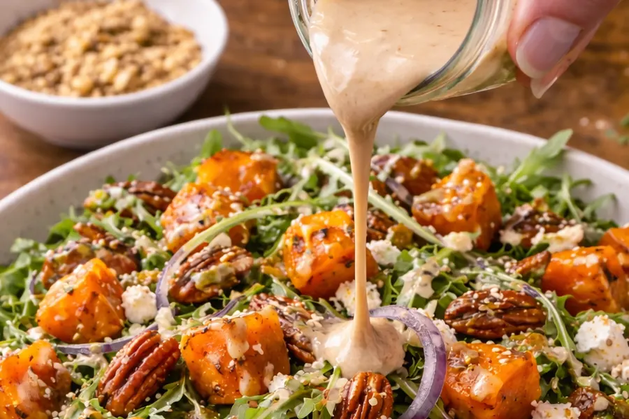 Foto 3 Ensalada templada de rúcula, boniato asado, feta y vinagreta de tahini